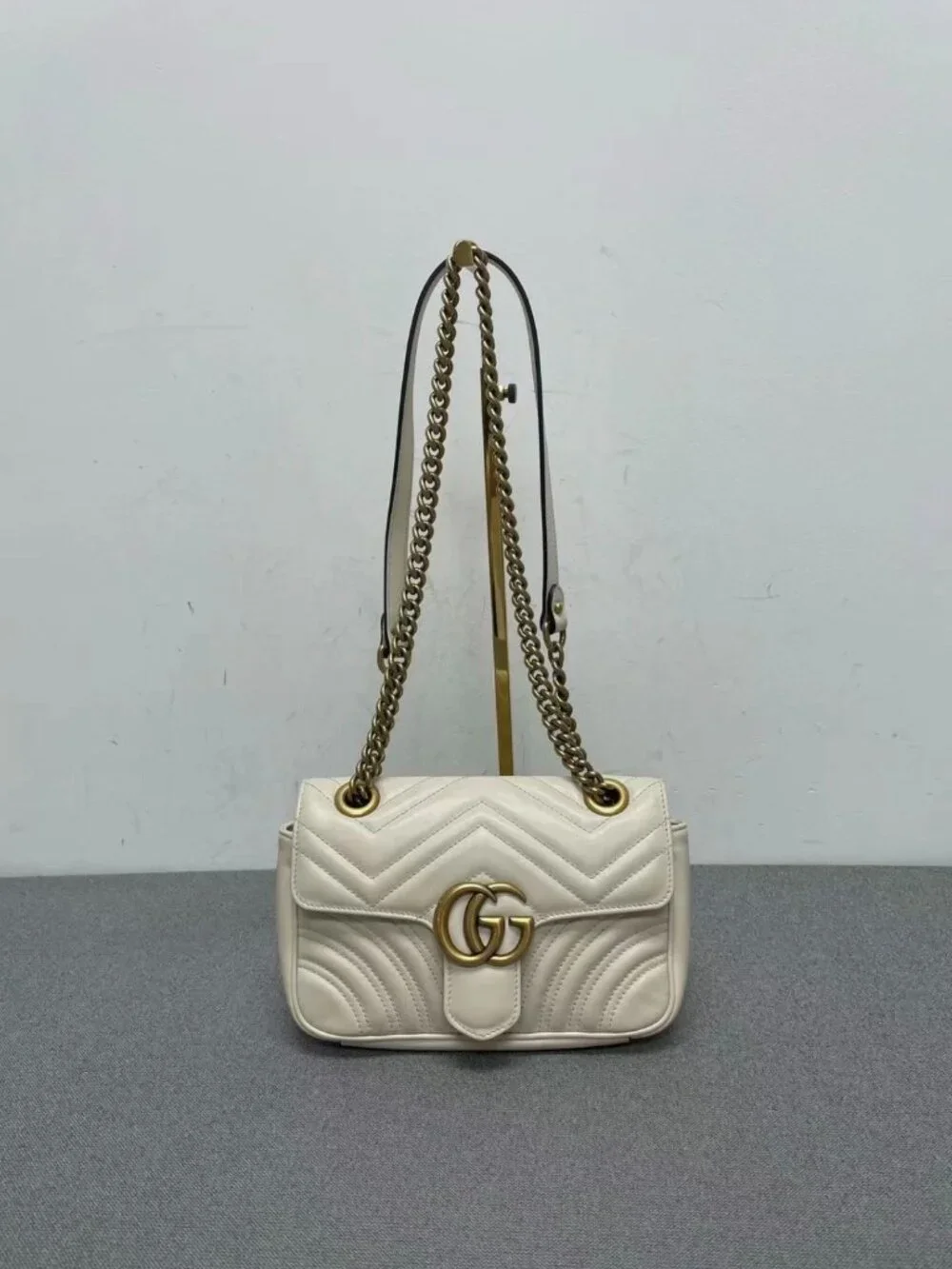 Gucci GG Marmont White Leather Chain Shoulder Bag